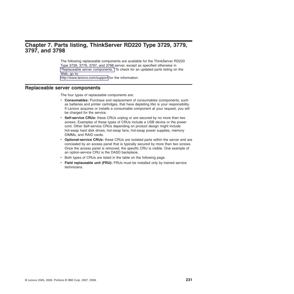 Replaceable server components | Lenovo THINKSERVER 3797 User Manual | Page 239 / 266