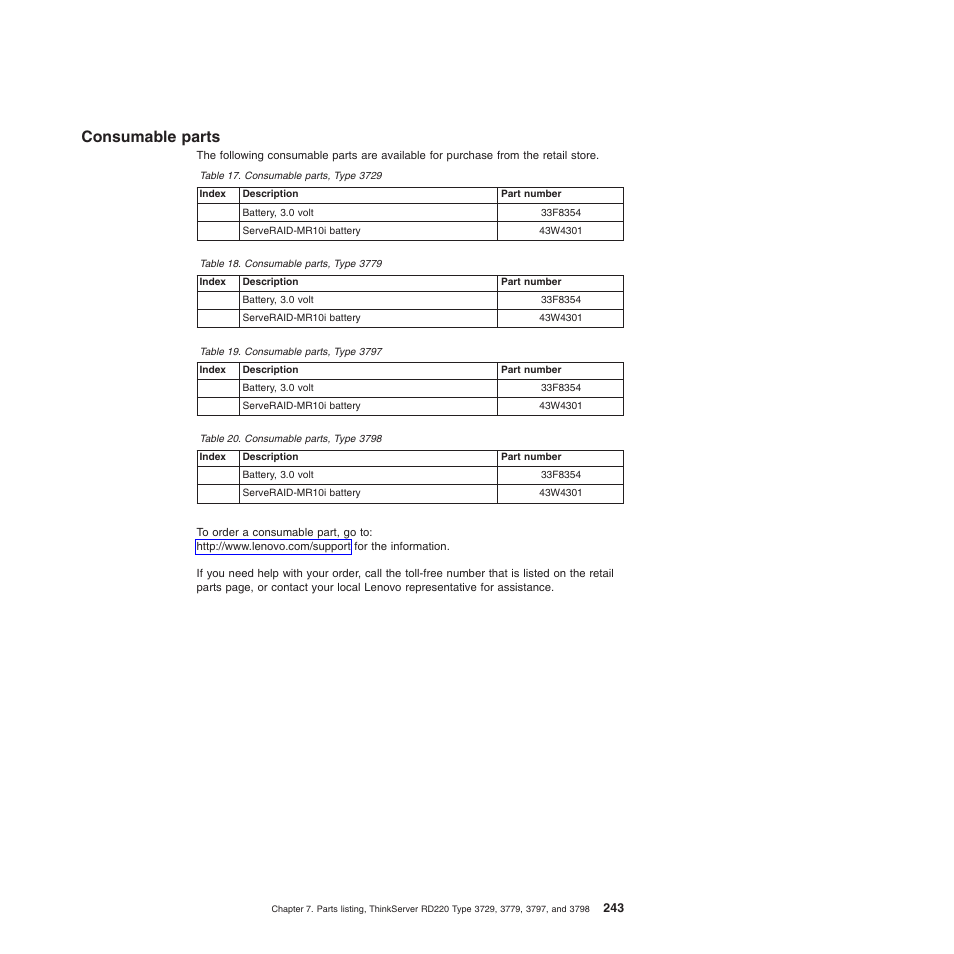 Consumable parts | Lenovo THINKSERVER 3797 User Manual | Page 251 / 266