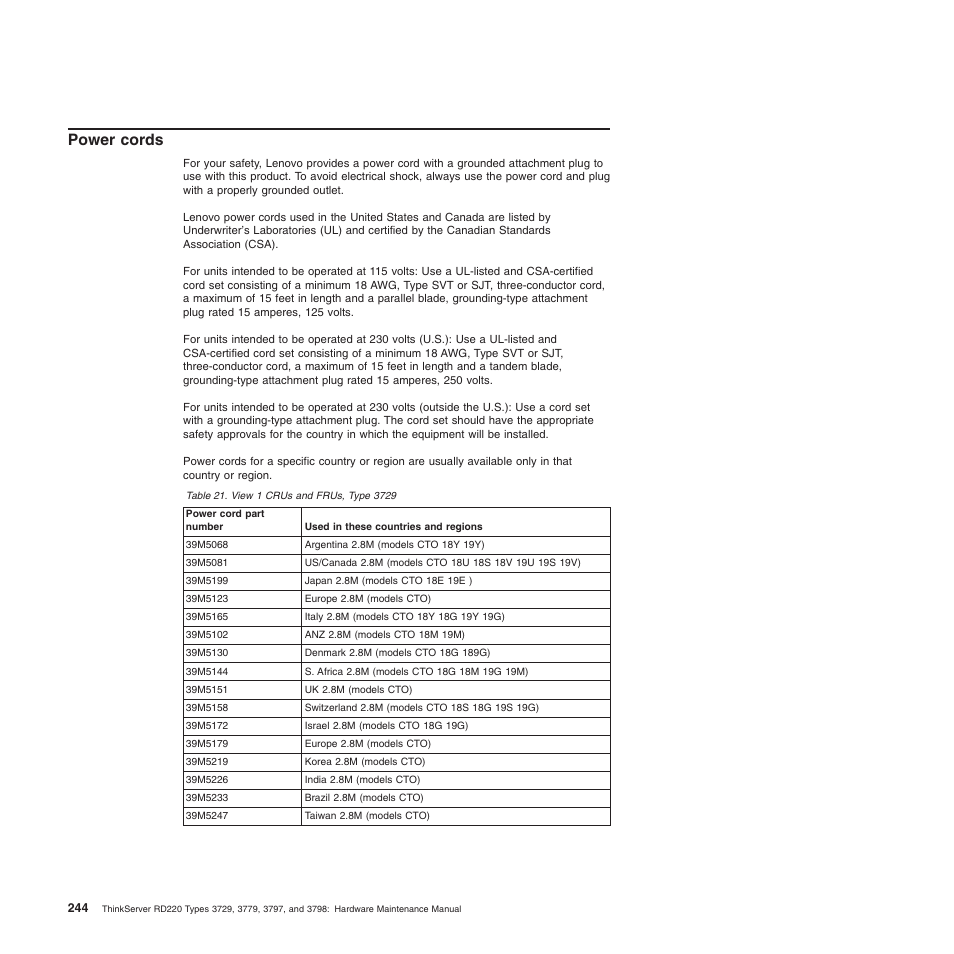 Power cords | Lenovo THINKSERVER 3797 User Manual | Page 252 / 266