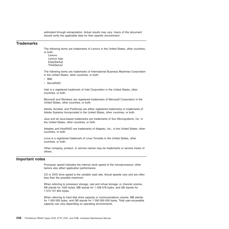 Trademarks, Important notes, Trademarks important notes | Lenovo THINKSERVER 3797 User Manual | Page 256 / 266