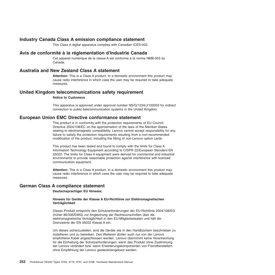 Australia and new zealand class a statement, European union emc directive conformance statement, German class a compliance statement | Lenovo THINKSERVER 3797 User Manual | Page 260 / 266