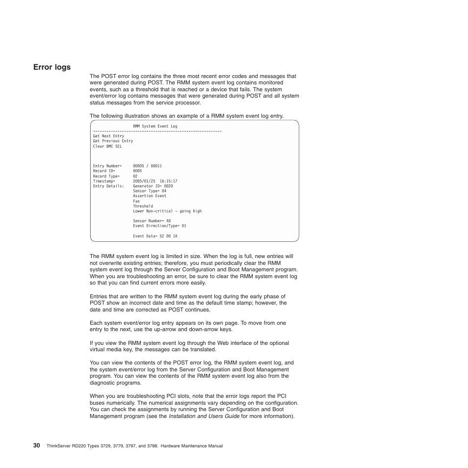 Error logs | Lenovo THINKSERVER 3797 User Manual | Page 38 / 266