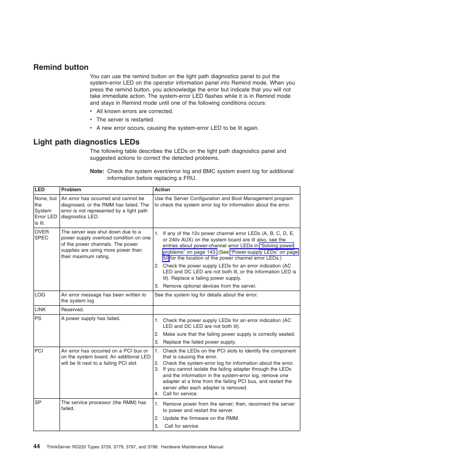 Remind button, Light path diagnostics leds, Remind button light path diagnostics leds | Lenovo THINKSERVER 3797 User Manual | Page 52 / 266