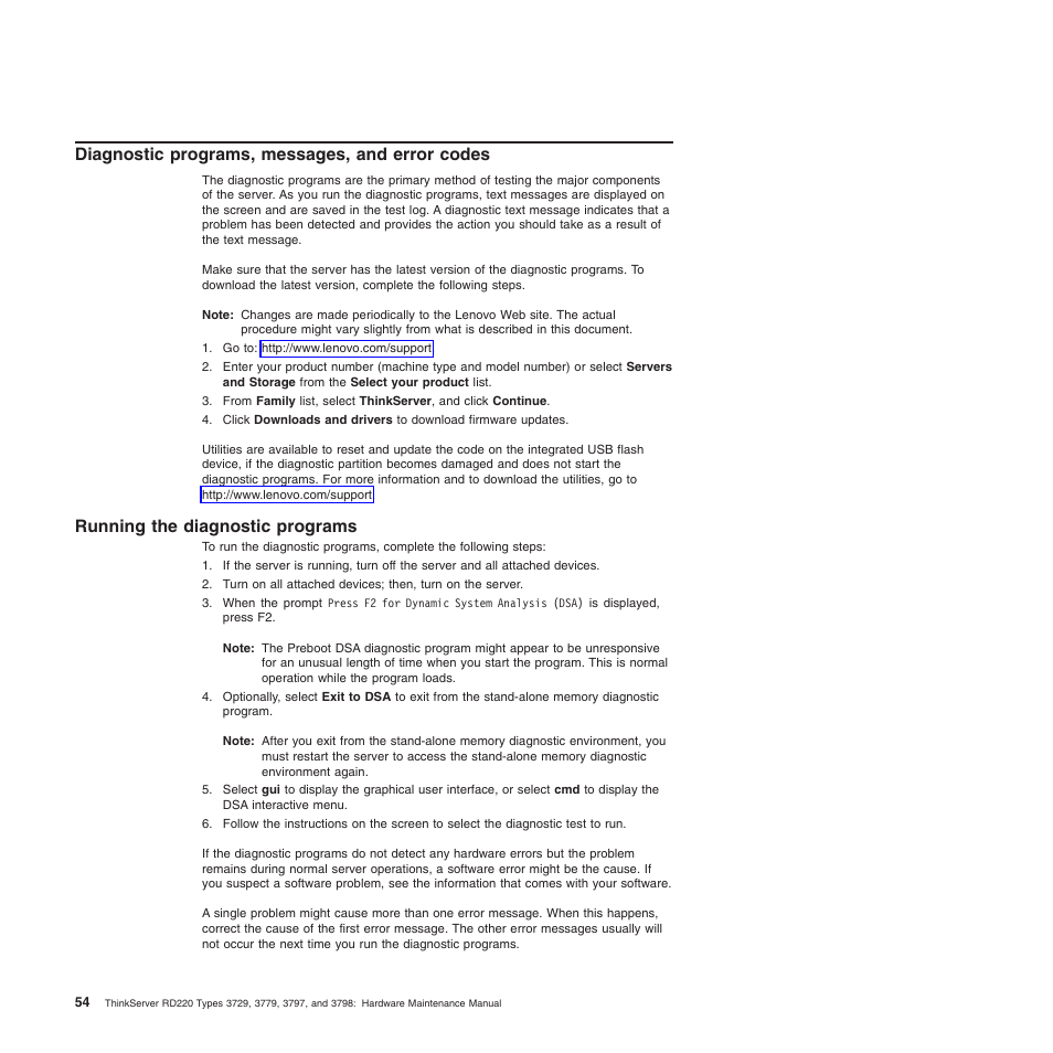 Diagnostic programs, messages, and error codes, Running the diagnostic programs | Lenovo THINKSERVER 3797 User Manual | Page 62 / 266