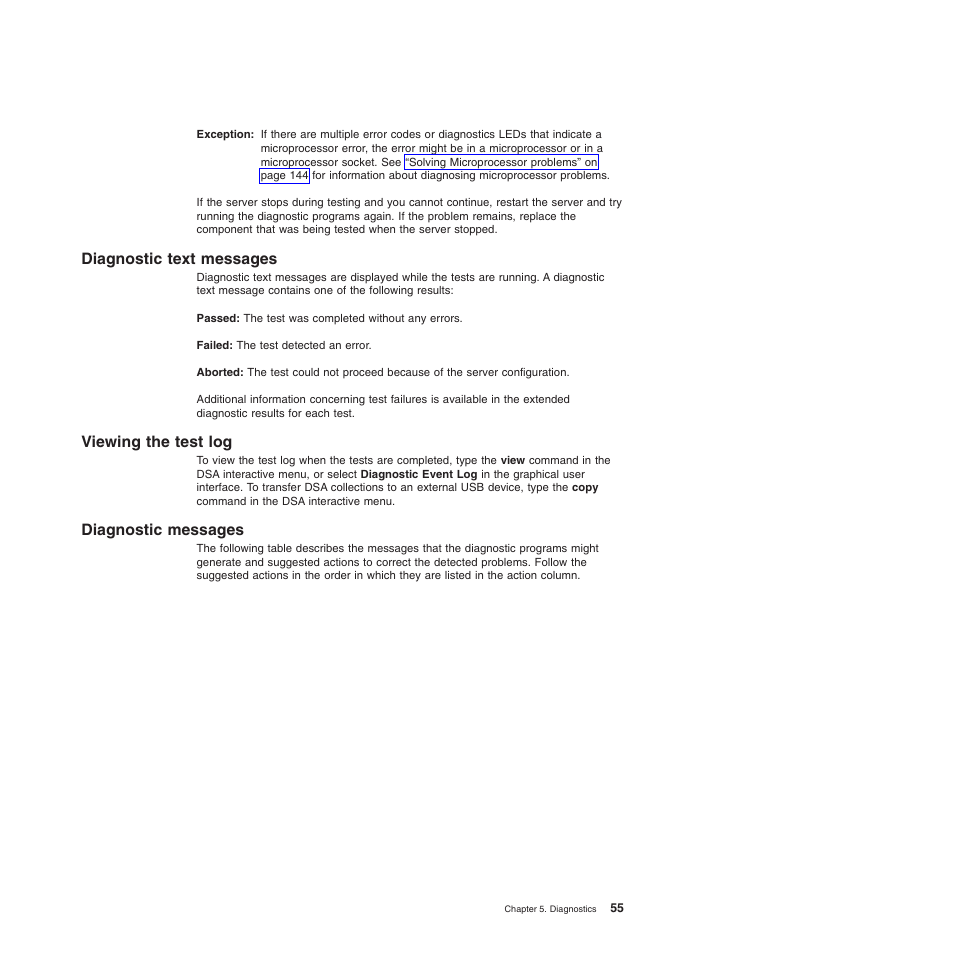 Diagnostic text messages, Viewing the test log, Diagnostic messages | Lenovo THINKSERVER 3797 User Manual | Page 63 / 266