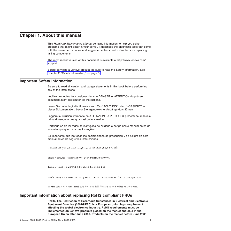 Chapter 1. about this manual, Important safety information | Lenovo THINKSERVER 3797 User Manual | Page 9 / 266