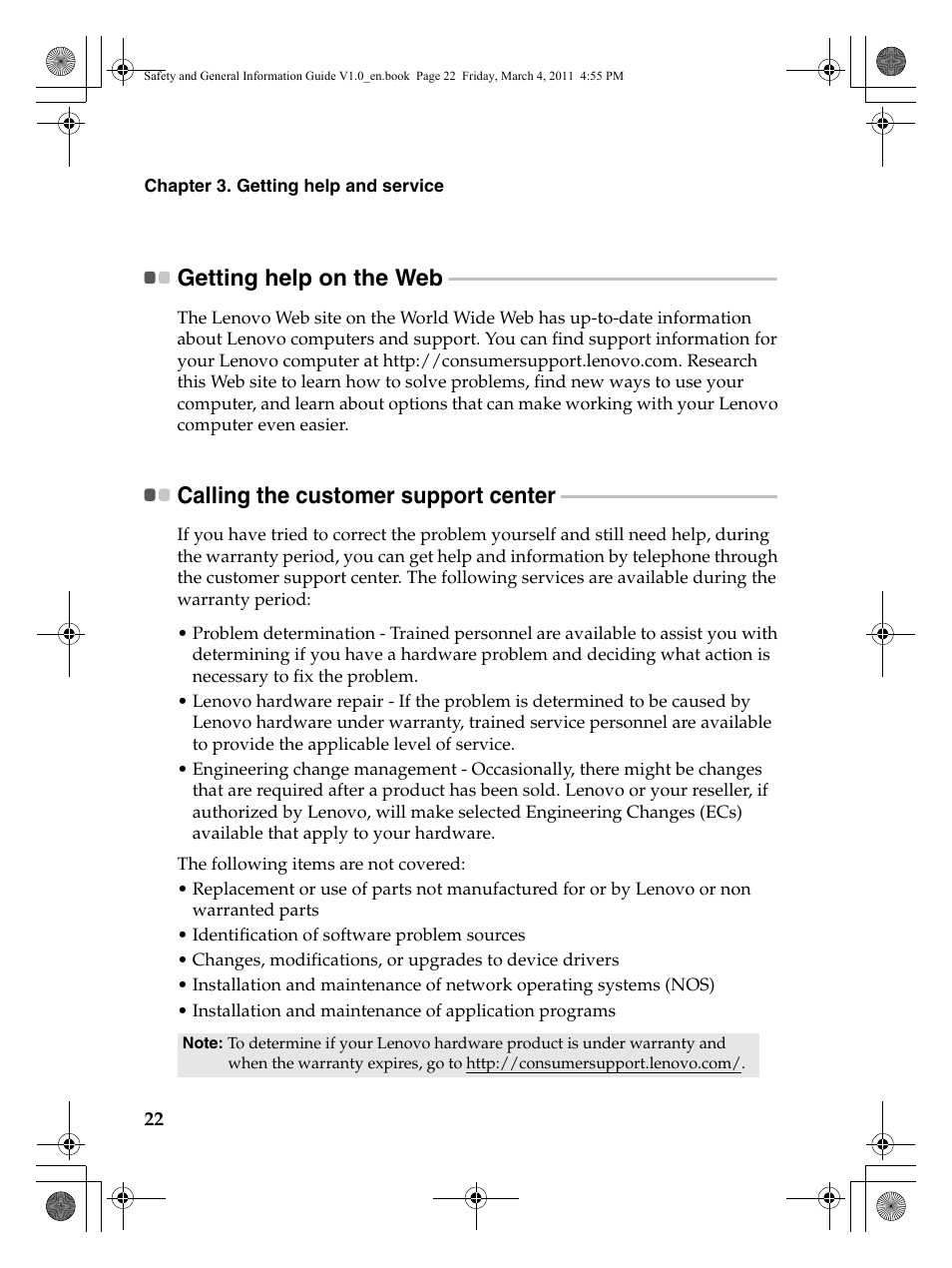 Getting help on the web, Calling the customer support center | Lenovo 147500112 User Manual | Page 28 / 46