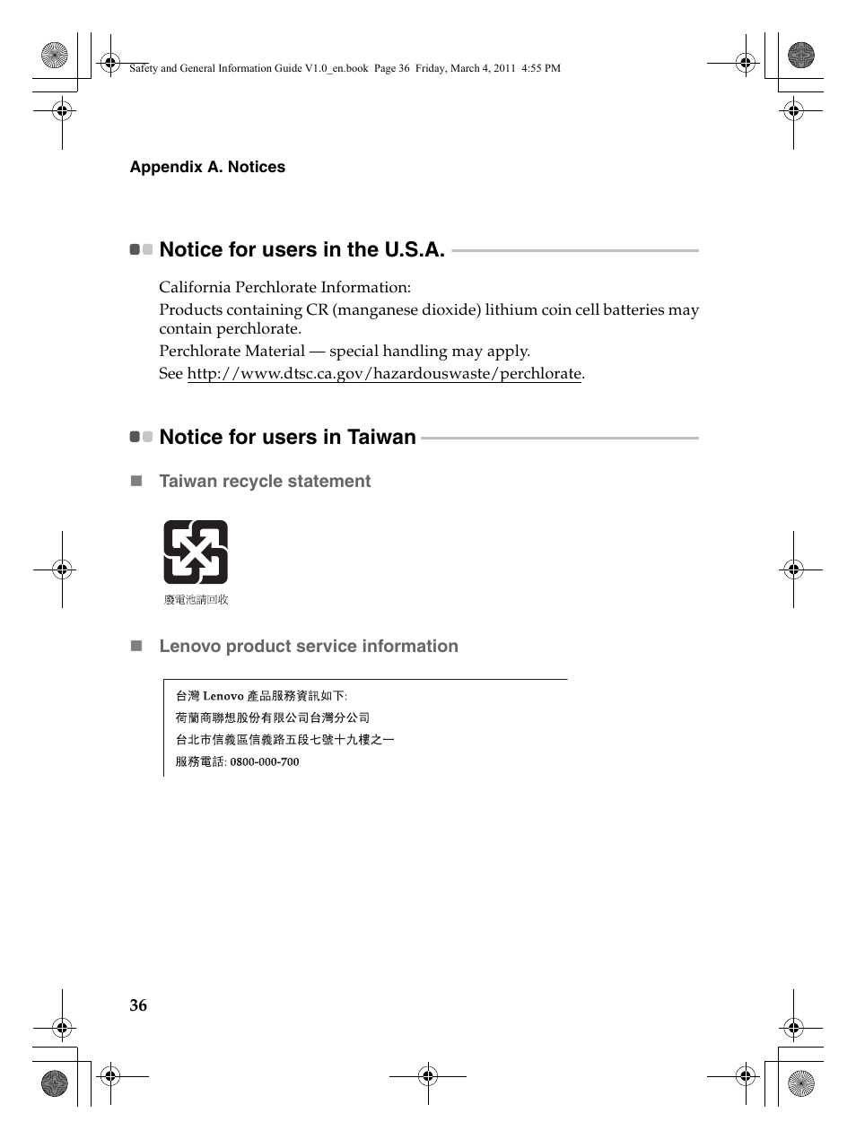 Notice for users in the u.s.a, Notice for users in taiwan | Lenovo 147500112 User Manual | Page 42 / 46