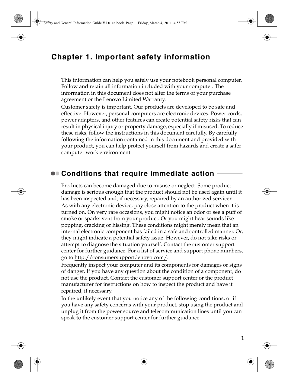 Chapter 1. important safety information, Conditions that require immediate action | Lenovo 147500112 User Manual | Page 7 / 46