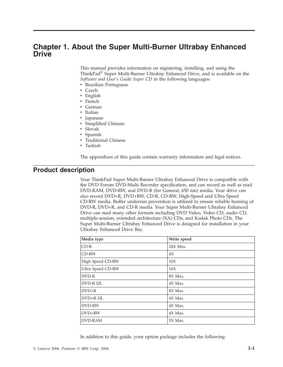 Product description, Chapter, About | Super, Multi-burner, Ultrabay, Enhanced, Drive, Product, Description | Lenovo ThinkPad 40Y8710 User Manual | Page 15 / 68