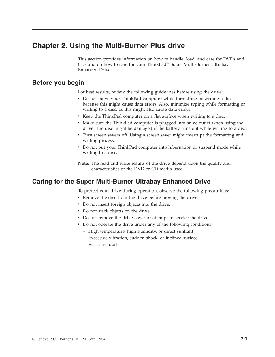 Chapter 2. using the multi-burner plus drive, Before you begin, Chapter | Using, Multi-burner, Plus, Drive, Before, Begin, Caring | Lenovo ThinkPad 40Y8710 User Manual | Page 21 / 68