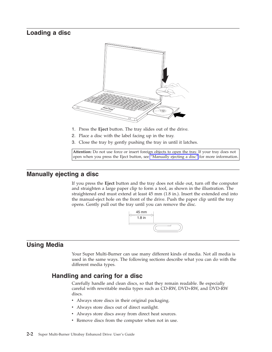 Loading a disc, Manually ejecting a disc, Using media | Handling and caring for a disc, Loading, Disc, Manually, Ejecting, Using, Media | Lenovo ThinkPad 40Y8710 User Manual | Page 22 / 68