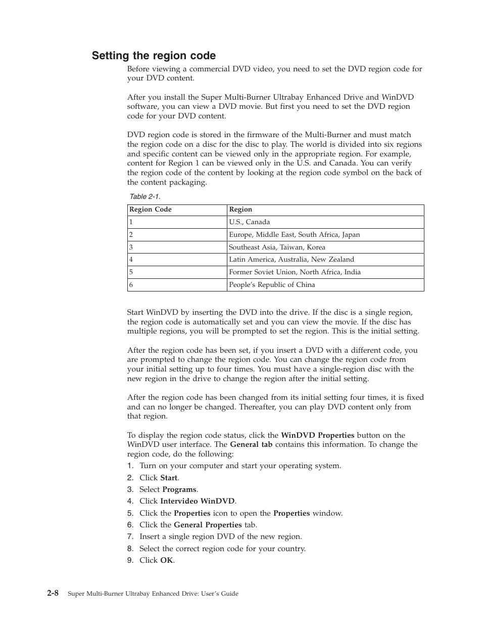 Setting the region code, Setting, Region | Code | Lenovo ThinkPad 40Y8710 User Manual | Page 28 / 68