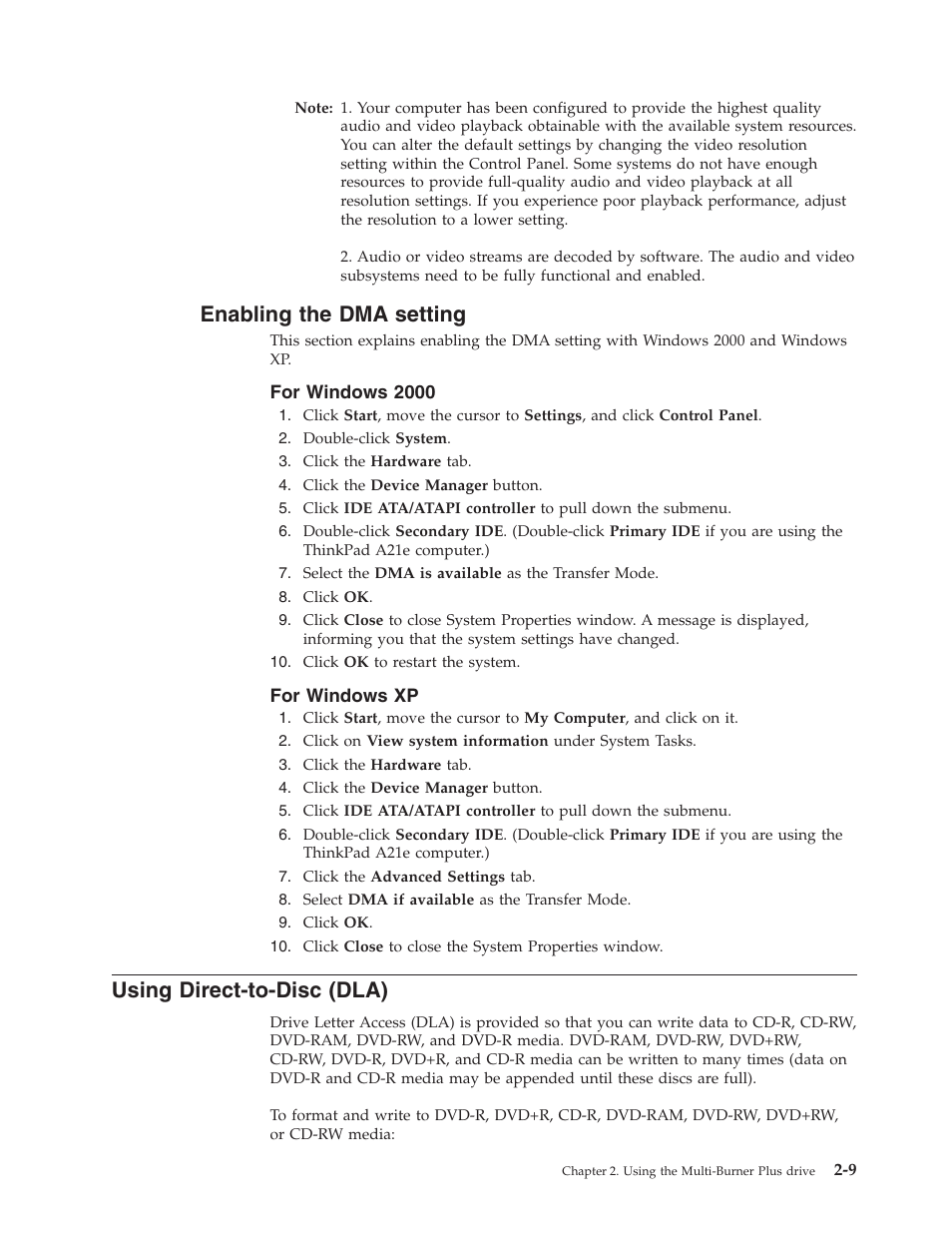 Enabling the dma setting, For windows 2000, For windows xp | Using direct-to-disc (dla), Enabling, Setting, Using, Direct-to-disc, Dla) | Lenovo ThinkPad 40Y8710 User Manual | Page 29 / 68