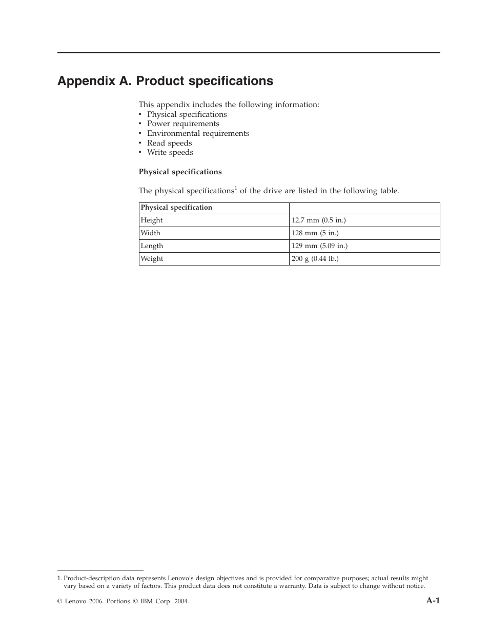 Appendix a. product specifications, Appendix, Product | Specifications | Lenovo ThinkPad 40Y8710 User Manual | Page 33 / 68