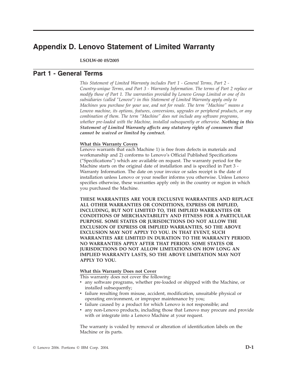 Appendix d. lenovo statement of limited warranty, Part 1 - general terms, Appendix | Lenovo, Statement, Limited, Warranty, Part, General, Terms | Lenovo ThinkPad 40Y8710 User Manual | Page 41 / 68