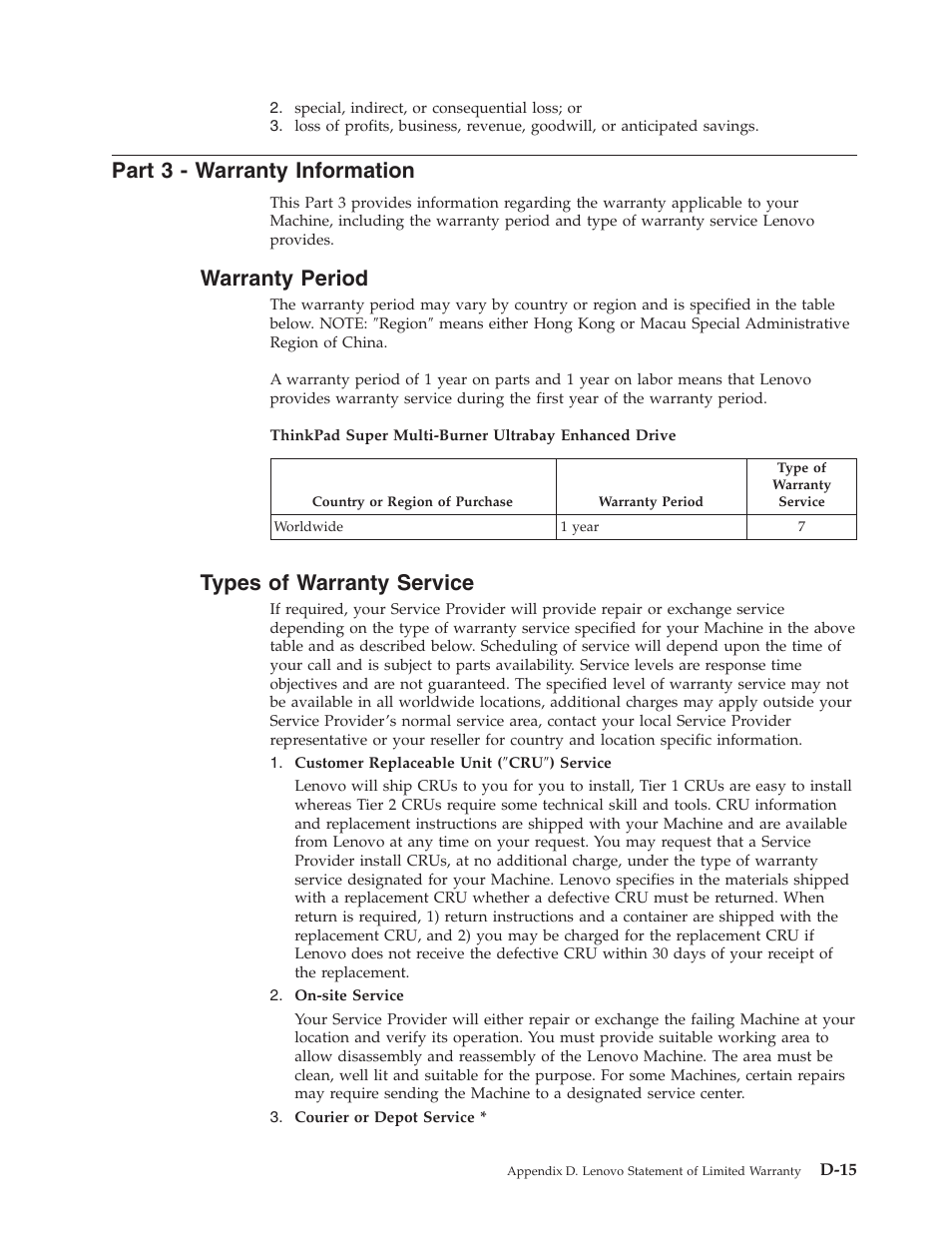 Part 3 - warranty information, Warranty period, Types of warranty service | Part, Warranty, Information, D-15, Period, Types, Service | Lenovo ThinkPad 40Y8710 User Manual | Page 55 / 68