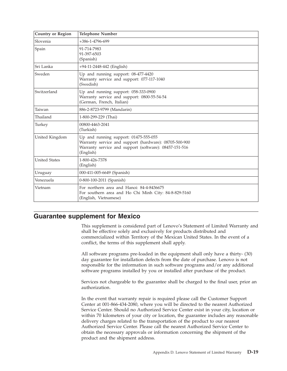 Guarantee supplement for mexico, Guarantee, Supplement | Mexico, D-19 | Lenovo ThinkPad 40Y8710 User Manual | Page 59 / 68