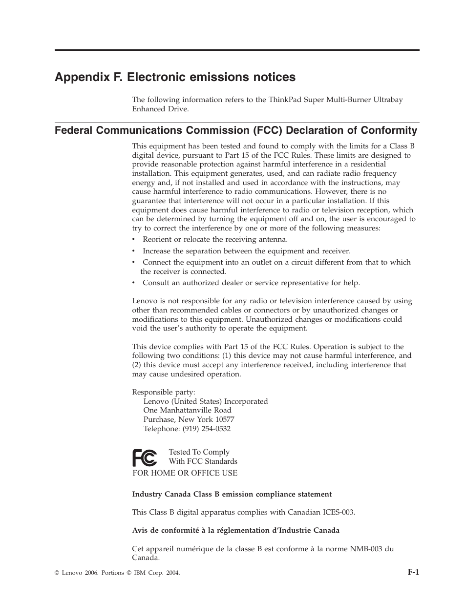 Appendix f. electronic emissions notices, Appendix, Electronic | Emissions, Notices, Federal, Communications, Commission, Fcc), Declaration | Lenovo ThinkPad 40Y8710 User Manual | Page 63 / 68