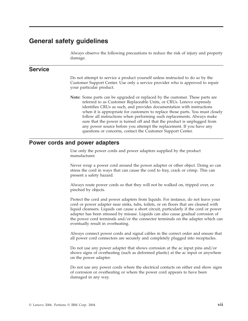 General safety guidelines, Service, Power cords and power adapters | General, Safety, Guidelines, Power, Cords, Adapters | Lenovo ThinkPad 40Y8710 User Manual | Page 9 / 68