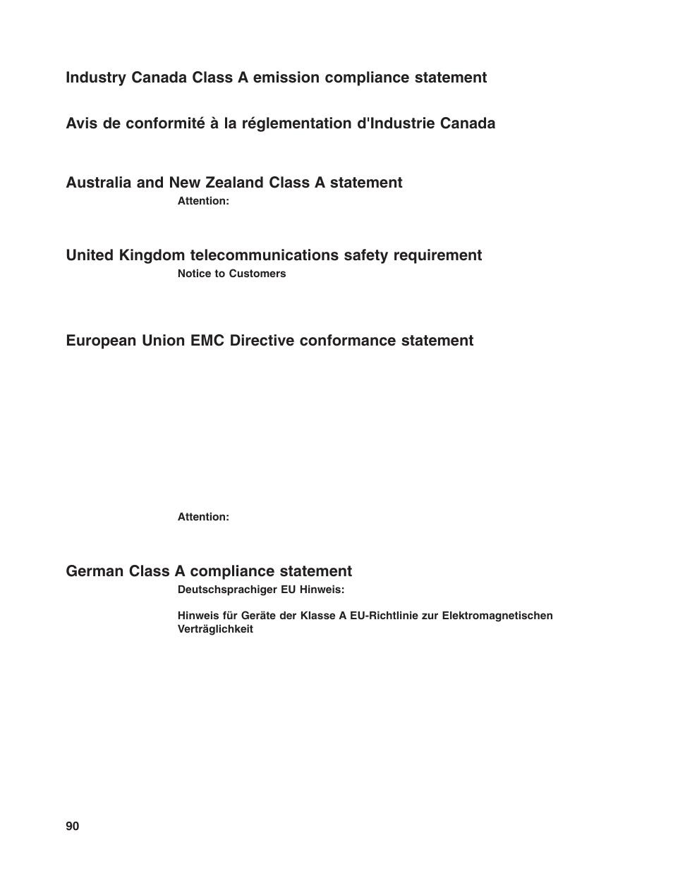 Australia and new zealand class a statement, European union emc directive conformance statement, German class a compliance statement | Industry, Canada, Class, Emission, Compliance, Statement, Avis | Lenovo 6446 User Manual | Page 104 / 112
