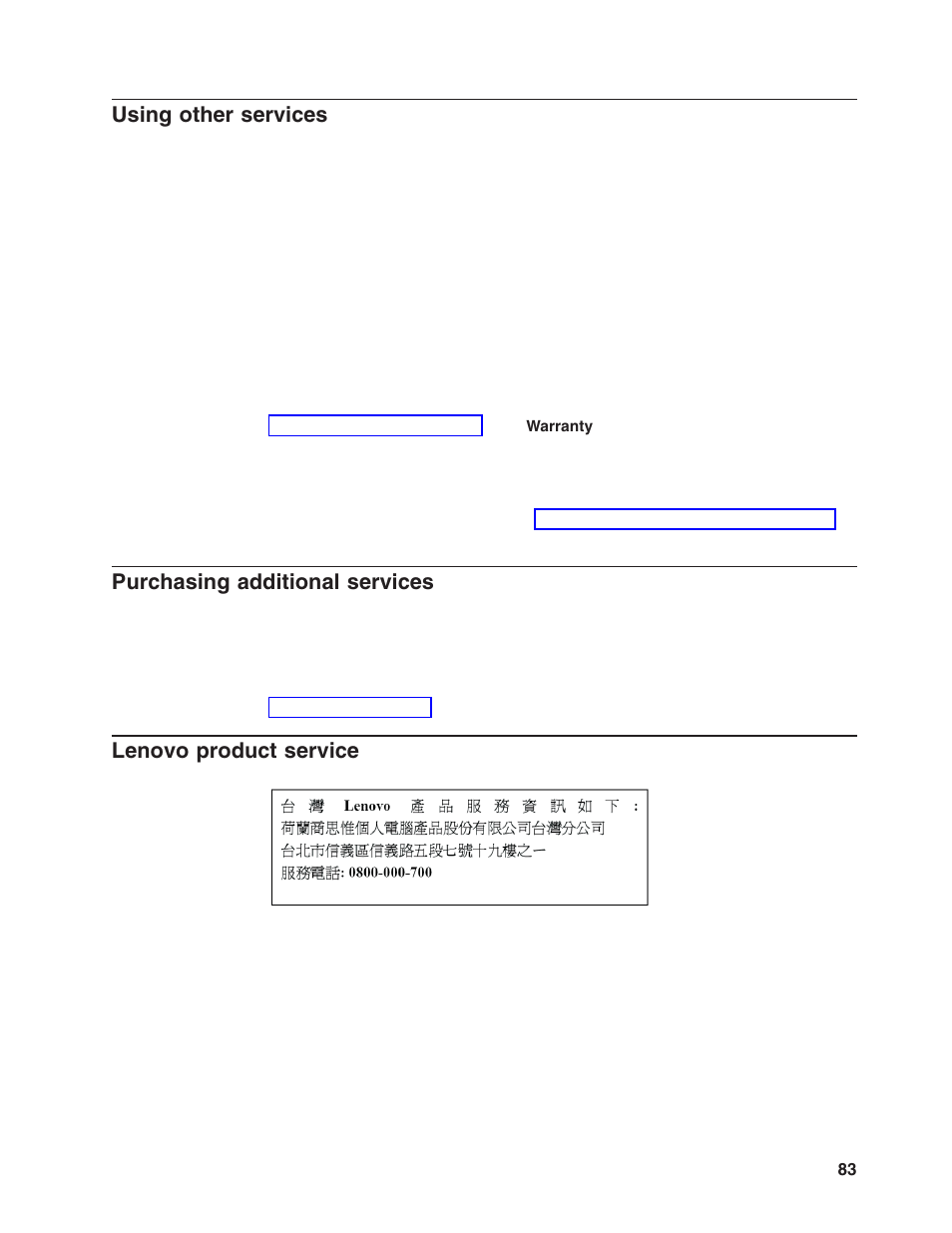 Using other services, Purchasing additional services, Lenovo product service | Using, Other, Services, Purchasing, Additional, Lenovo, Product | Lenovo 6446 User Manual | Page 97 / 112