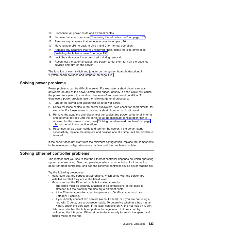 Solving power problems, Solving ethernet controller problems | Lenovo THINKSERVER 3821 User Manual | Page 131 / 304