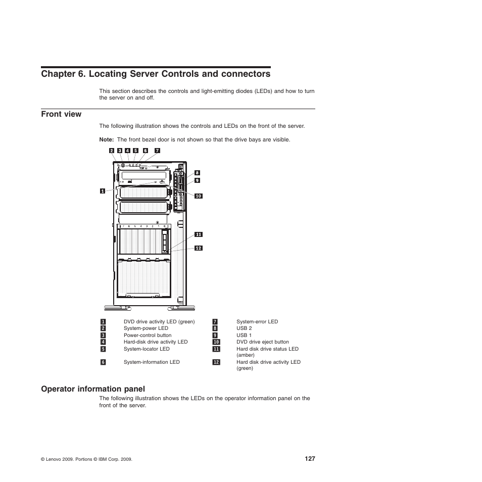 Chapter 6. locating server controls and connectors, Front view, Operator information panel | Lenovo THINKSERVER 3821 User Manual | Page 135 / 304