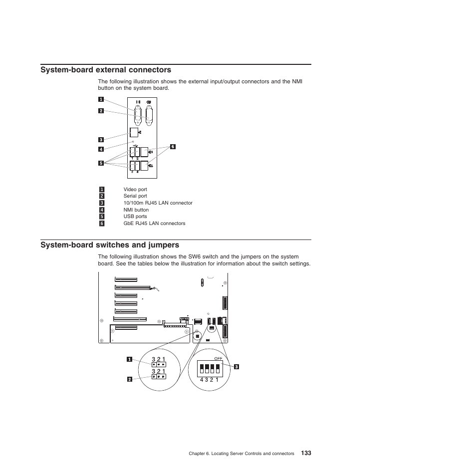 System-board external connectors, System-board switches and jumpers | Lenovo THINKSERVER 3821 User Manual | Page 141 / 304