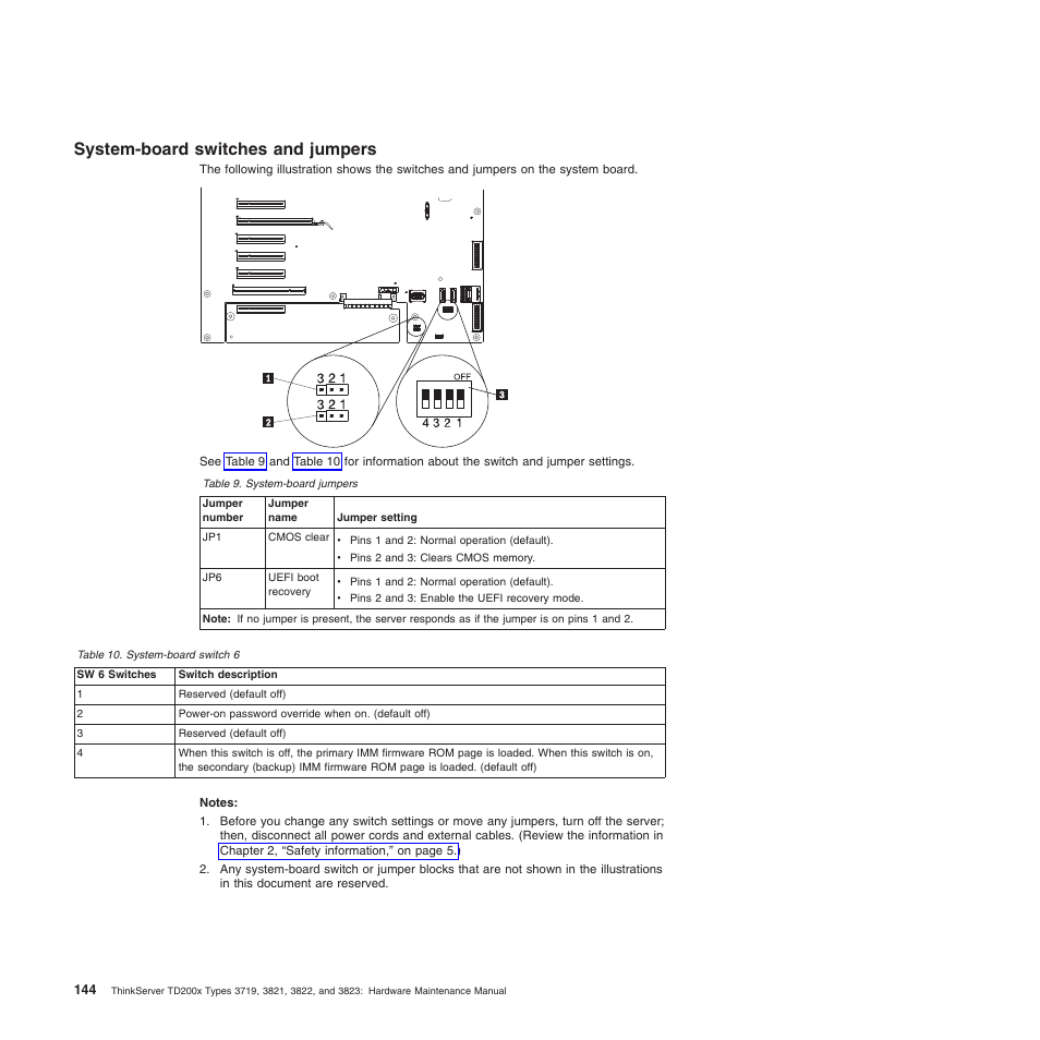 System-board switches and jumpers | Lenovo THINKSERVER 3821 User Manual | Page 152 / 304