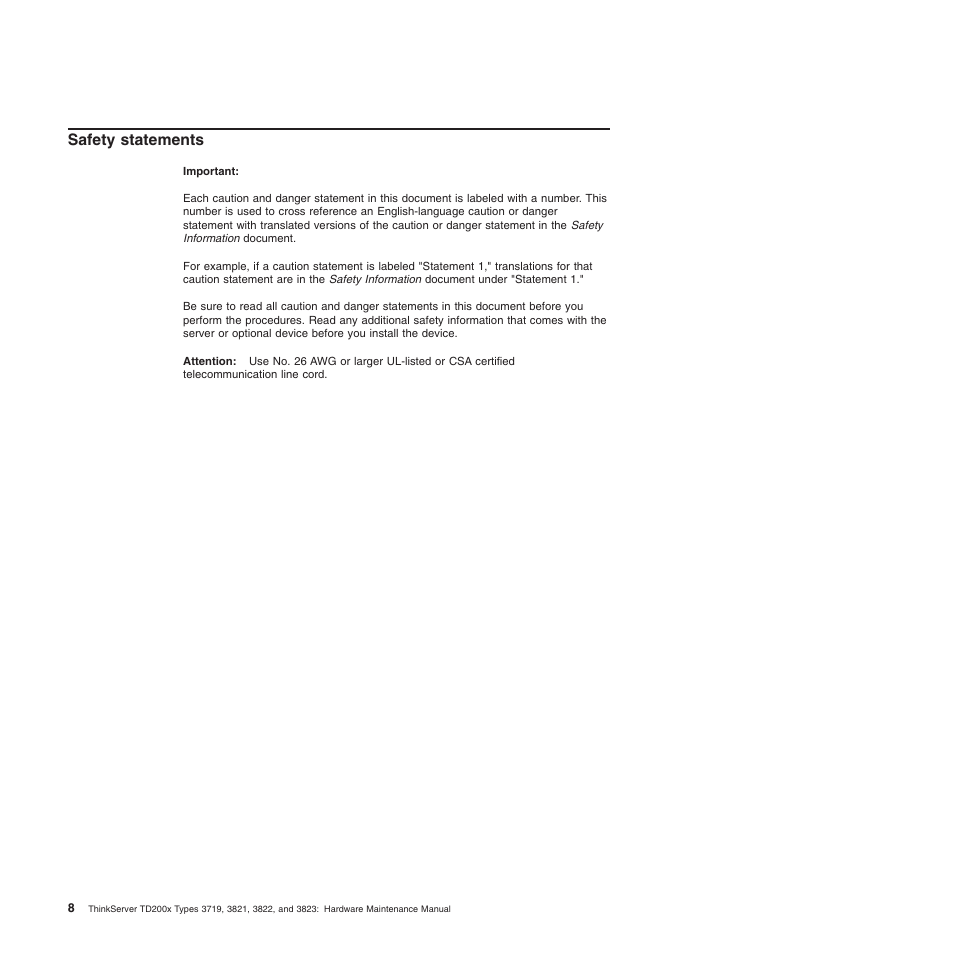 Safety statements | Lenovo THINKSERVER 3821 User Manual | Page 16 / 304