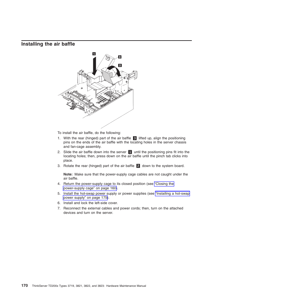 Installing the air baffle | Lenovo THINKSERVER 3821 User Manual | Page 178 / 304