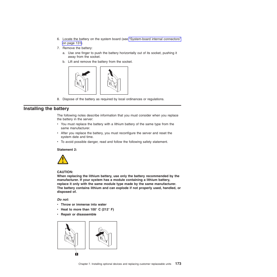 Installing the battery | Lenovo THINKSERVER 3821 User Manual | Page 181 / 304
