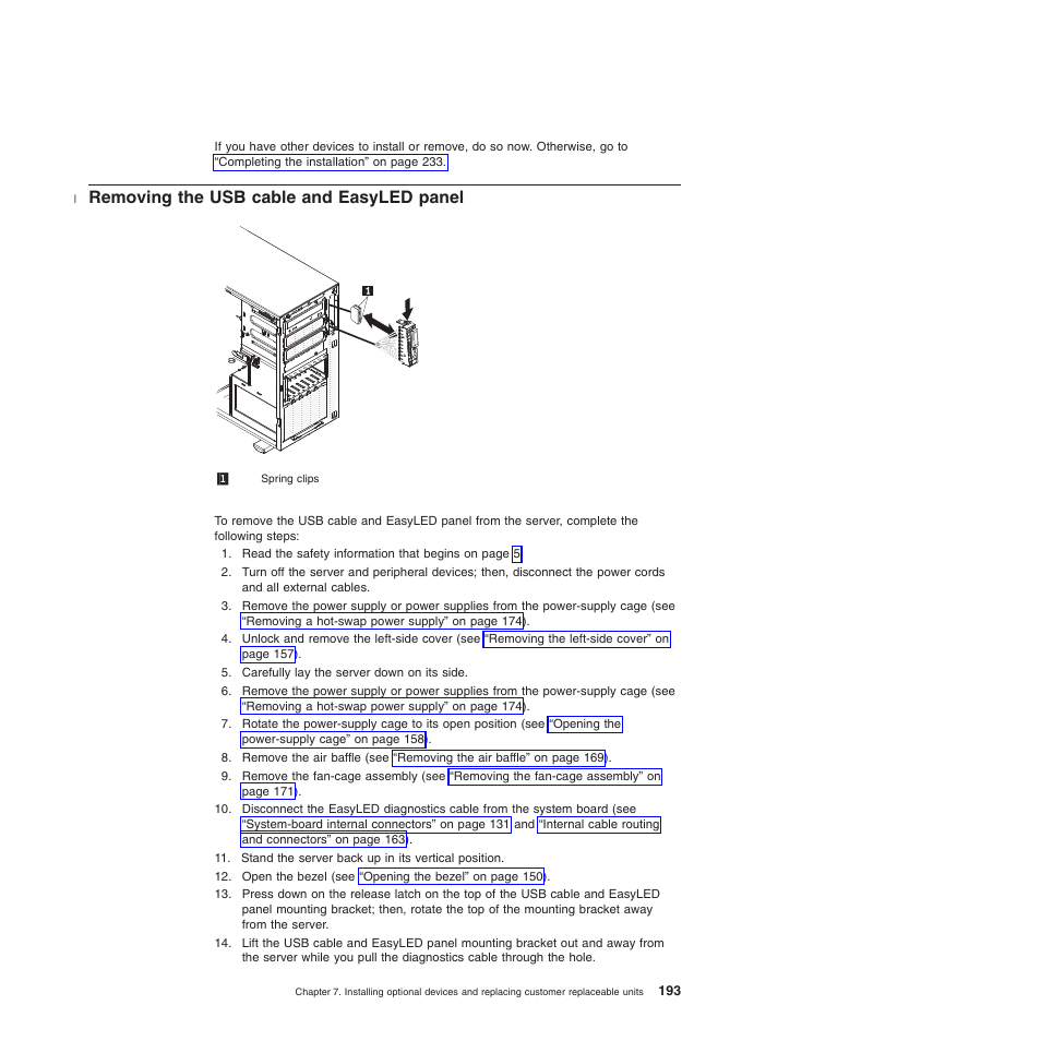 Removing the usb cable and easyled panel | Lenovo THINKSERVER 3821 User Manual | Page 201 / 304