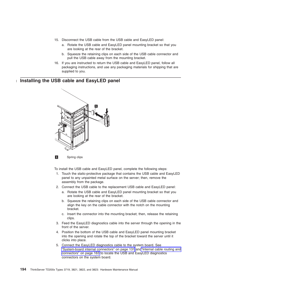 Installing the usb cable and easyled panel | Lenovo THINKSERVER 3821 User Manual | Page 202 / 304