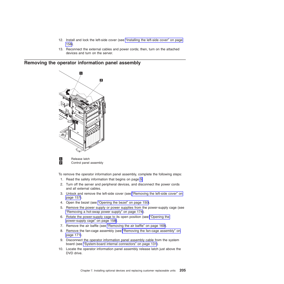 Removing the operator information panel assembly | Lenovo THINKSERVER 3821 User Manual | Page 213 / 304