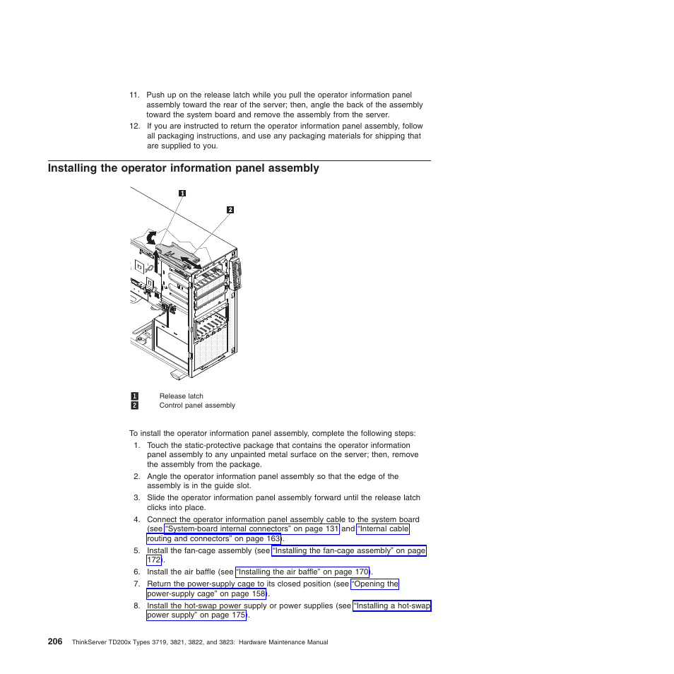 Installing the operator information panel assembly | Lenovo THINKSERVER 3821 User Manual | Page 214 / 304