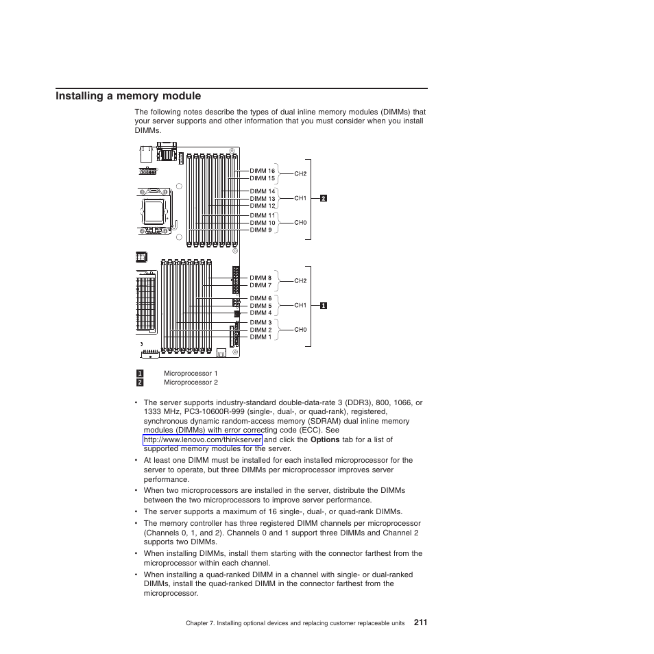 Installing a memory module | Lenovo THINKSERVER 3821 User Manual | Page 219 / 304