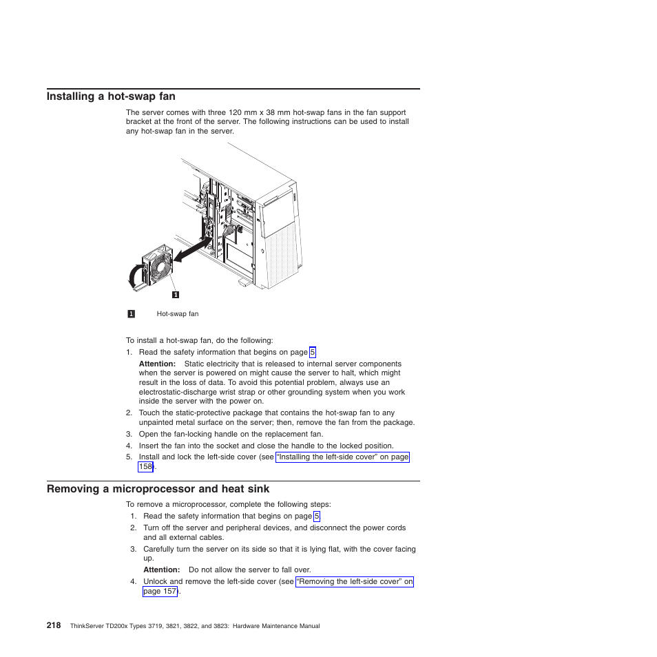 Installing a hot-swap fan, Removing a microprocessor and heat sink | Lenovo THINKSERVER 3821 User Manual | Page 226 / 304