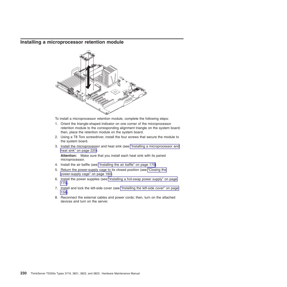 Installing a microprocessor retention module | Lenovo THINKSERVER 3821 User Manual | Page 238 / 304