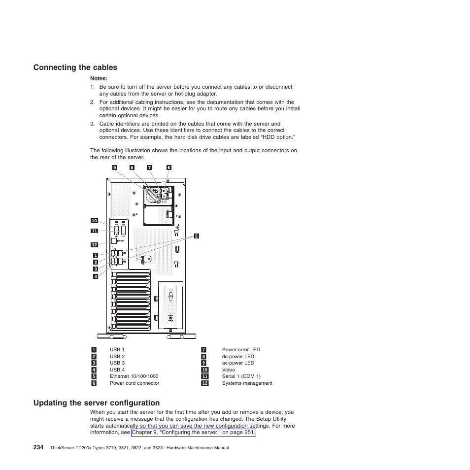 Connecting the cables, Updating the server configuration, Connecting | Lenovo THINKSERVER 3821 User Manual | Page 242 / 304