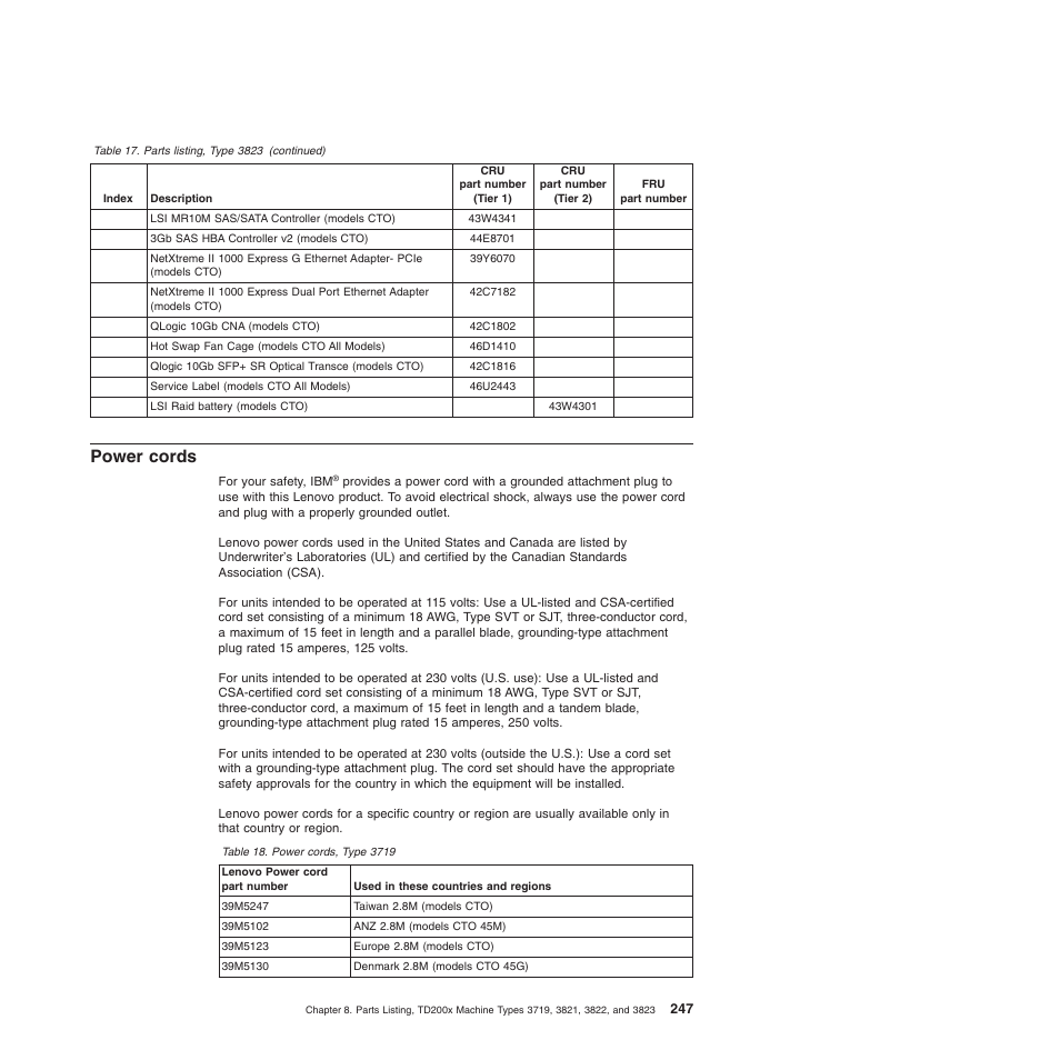 Power cords | Lenovo THINKSERVER 3821 User Manual | Page 255 / 304