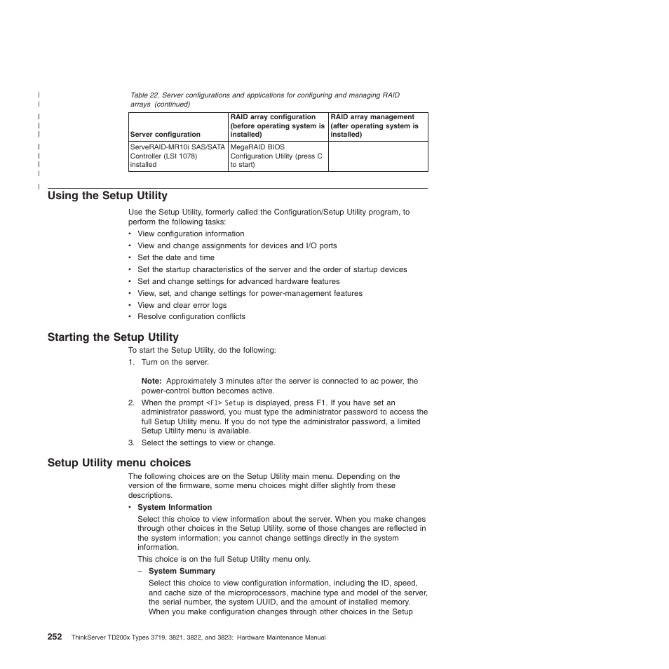 Using the setup utility, Starting the setup utility, Setup utility menu choices | Lenovo THINKSERVER 3821 User Manual | Page 260 / 304