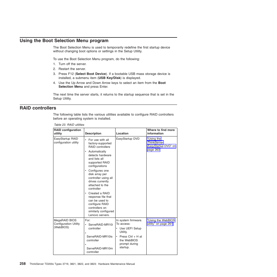 Using the boot selection menu program, Raid controllers | Lenovo THINKSERVER 3821 User Manual | Page 266 / 304