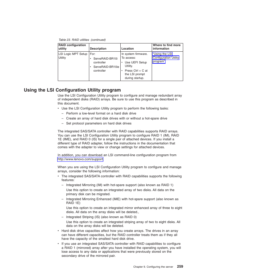 Using the lsi configuration utility program | Lenovo THINKSERVER 3821 User Manual | Page 267 / 304