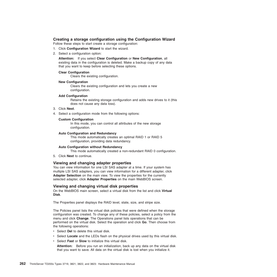 Viewing and changing adapter properties, Viewing and changing virtual disk properties | Lenovo THINKSERVER 3821 User Manual | Page 270 / 304