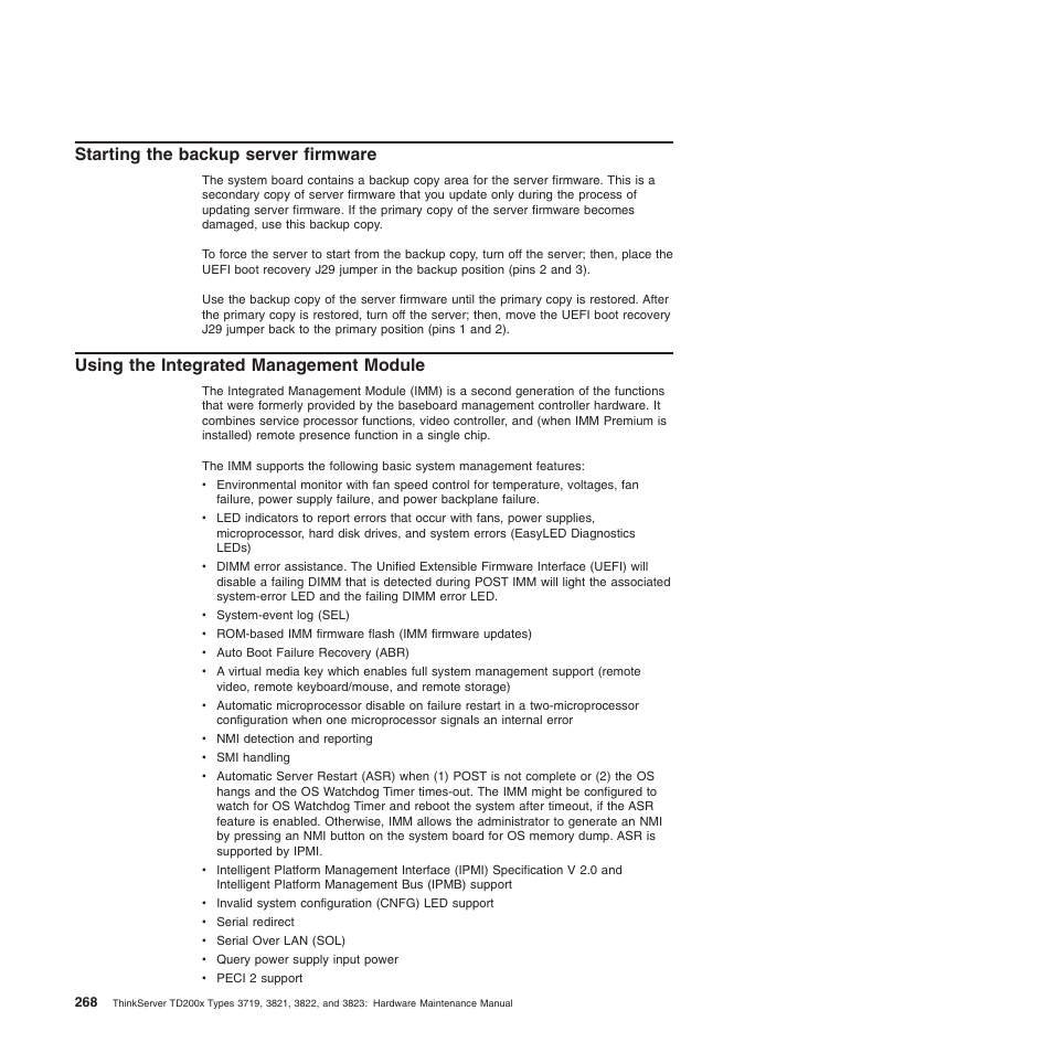 Starting the backup server firmware, Using the integrated management module | Lenovo THINKSERVER 3821 User Manual | Page 276 / 304