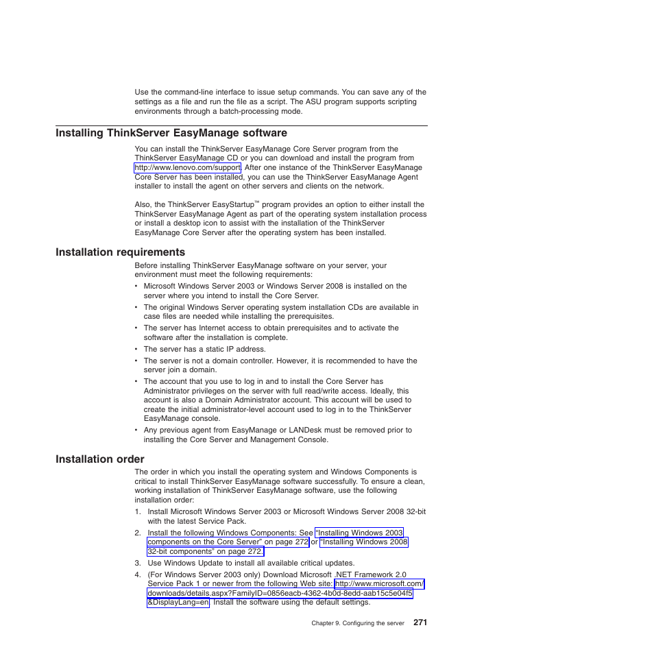 Installing thinkserver easymanage software, Installation requirements, Installation order | Installation requirements installation order | Lenovo THINKSERVER 3821 User Manual | Page 279 / 304