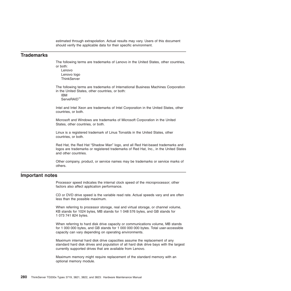 Trademarks, Important notes, Trademarks important notes | Lenovo THINKSERVER 3821 User Manual | Page 288 / 304