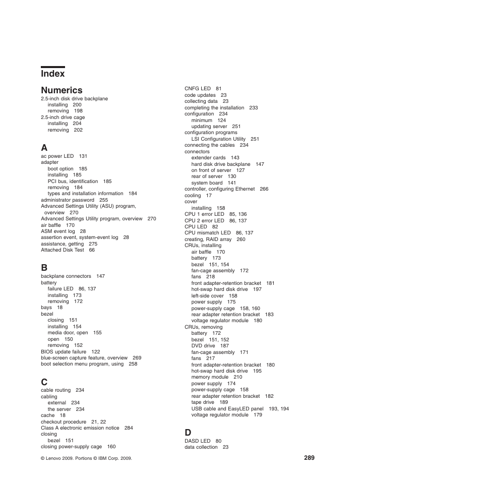 Index, Numerics, Index numerics | Lenovo THINKSERVER 3821 User Manual | Page 297 / 304